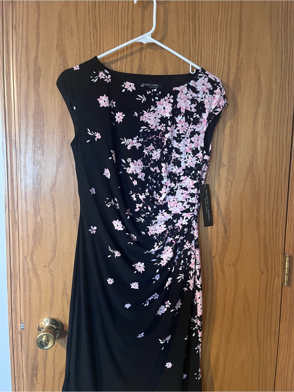 Evan Picone Black Midi Dress with Pink Floral Cascade